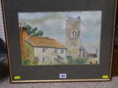 Watercolour study - village scene with church tower, initialled 'K ??'