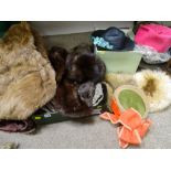 Box of fur stoles, vintage coat and a quantity of hats within a box