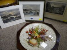 Three antique style prints of Llanrwst and a framed floral collage