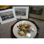 Three antique style prints of Llanrwst and a framed floral collage