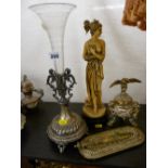 EP single glass fruit epergne, a brass inkpot and deskstand with a composition figurine of a