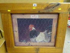 Rustic pine framed print of a rooster in a coop