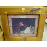 Rustic pine framed print of a rooster in a coop