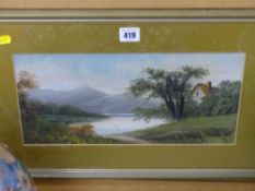 Victorian oil painting behind glass of a riverside cottage and mountains to the distance