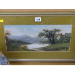 Victorian oil painting behind glass of a riverside cottage and mountains to the distance