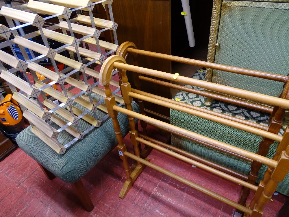 Two vintage style towel airers, a wine bottle rack and a modern padded top footstool