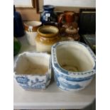 Collection of stoneware jars, jugs and vessels along with two Oriental blue and white planters