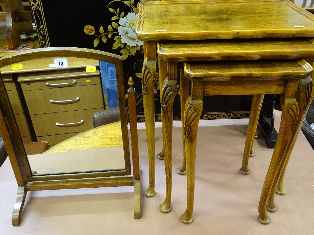 Swing dressing mirror and a set of three walnut occasional tables