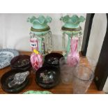 Pair of Victorian glass lustres (damage), two Victorian commemorative glass beakers, a pair of