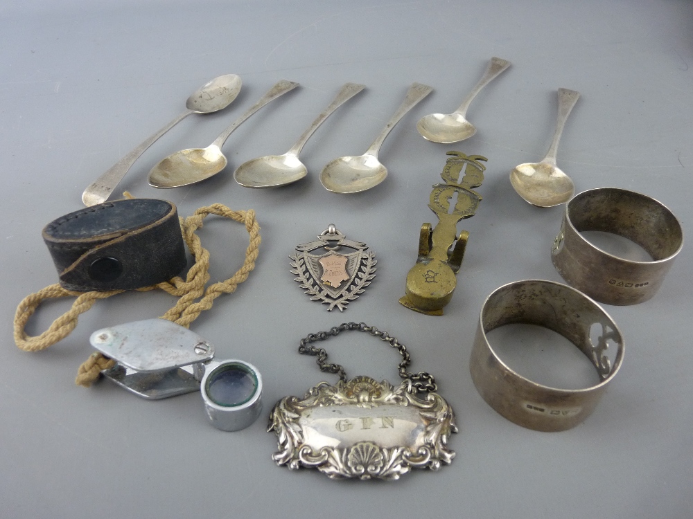 Mixed group of silver and collectables including six early teaspoons, two Chester 1924 napkin rings,