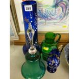 Bristol blue glass vase and a small similar gilt decorated jug, a green glass hand bell and a