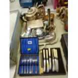 Three piece plated teaset, a two handled tray, an EP cigarette box and other plated ware and
