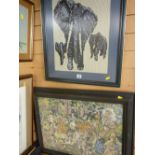 Framed woolwork picture of elephants and an Oriental framed tapestry