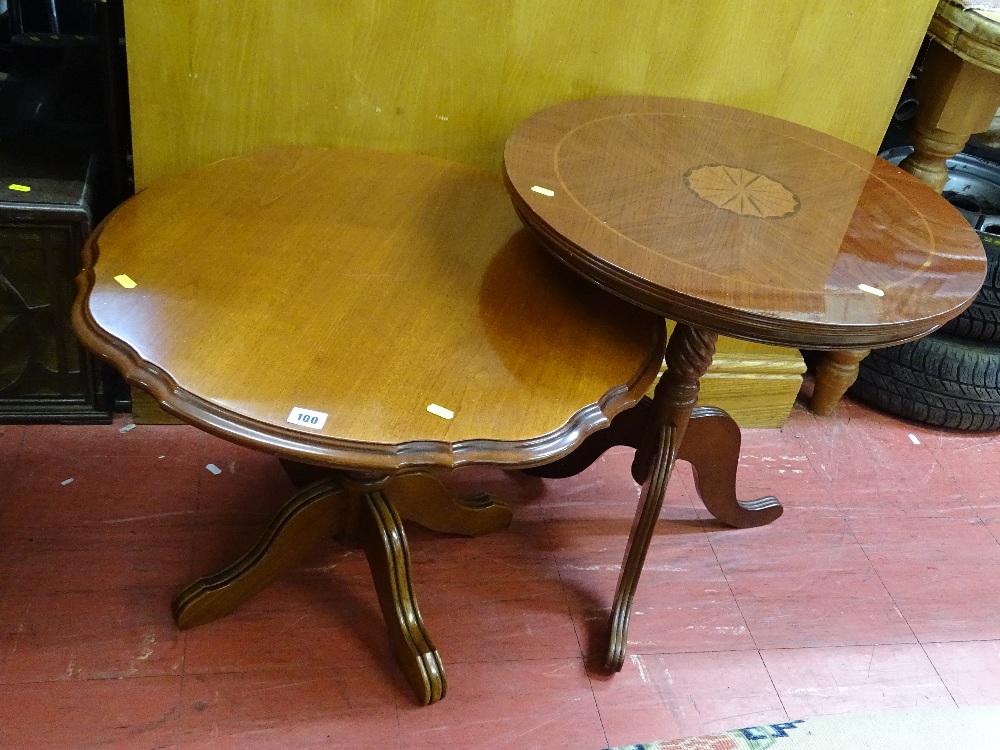 Reproduction mahogany occasional piecrust top table and a tripod table with inlaid circular top