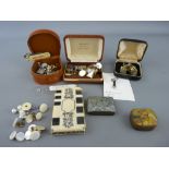 Quantity of gent's cufflinks and collar studs, a Victorian ivory 'Whist' counter, an HMV tin of