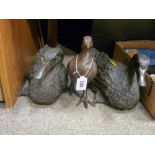 Two metallic garden ducks and a pheasant