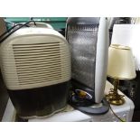 Delonghi DEM10 dehumidifier, small halogen electric heater and a brass effect lamp E/T