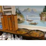 Neat five fold miniature Oriental draughtscreen and a pair of circular Oriental glazed pottery