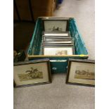 Crate of framed vintage prints - horse racing and hunting etc