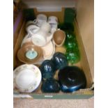 Box of mixed porcelain and glassware including Poole pottery coffee pot, other Poole pottery