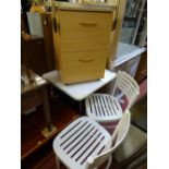Neat melamine kitchen table and two chairs (Ikea), a light wood melamine file cabinet and a brass