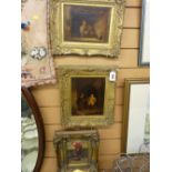 Two period Continental gilt framed oils on board and a reproduction painting of a golfer