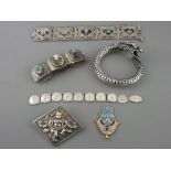 Two bracelets, two bangles, an Indian brooch and an enamel pendant, some marked silver