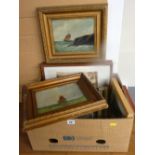 Box of framed pictures and prints and decorative photograph frames etc