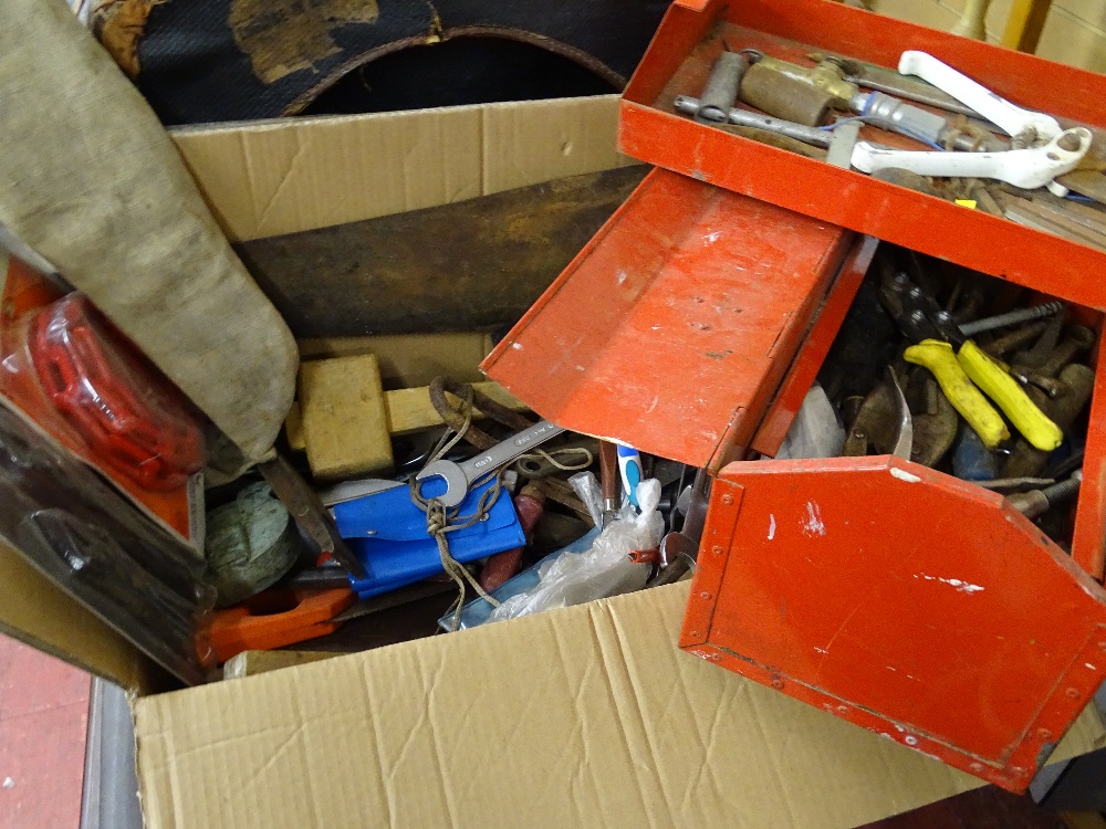 Box of large quantity of garage tools and a red metal cantilever toolbox and contents