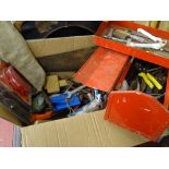 Box of large quantity of garage tools and a red metal cantilever toolbox and contents