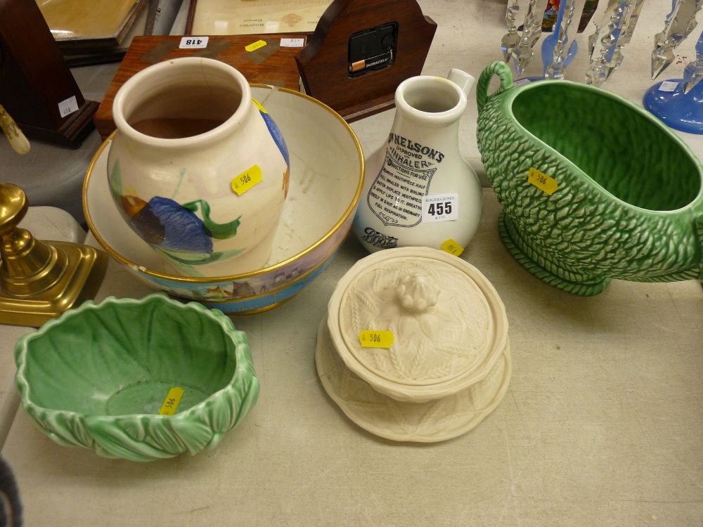 Two Sylvac pottery planters, a vintage Boots inhaler etc