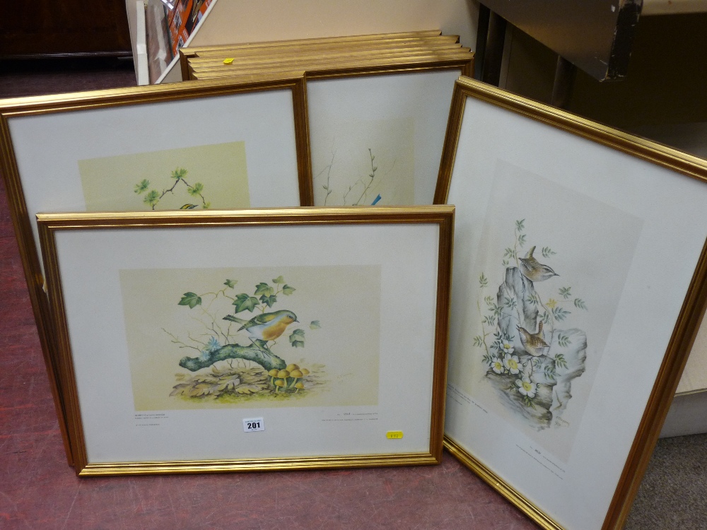 Set of nine gilt framed British birds in a limited edition, painted for Royal Worcester porcelain by