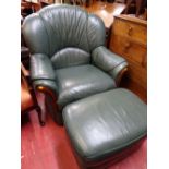 Modern green leather effect armchair and matching footstool