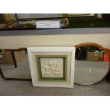 Two vintage wall mirrors and a framed display