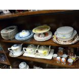 Two shelves (top and middle) of mixed china and pottery including eggshell coffee set