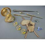 Mixed group of collectables including a silver handled button hook, three silver and enamel buttons,