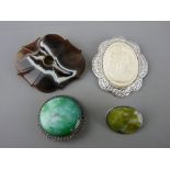 Four vintage brooches including Charles Horner, Chester silver cameo type, Victorian agate, moss