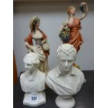 Two white parian gentleman busts and two classical style female figurines, one holding grapes