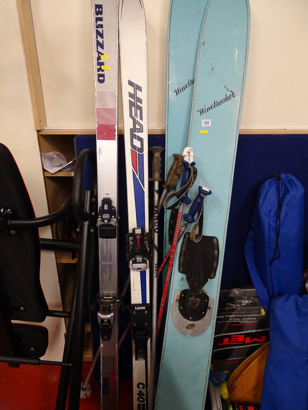 Parcel of skiing equipment by Head, Blizzard, Wavebreaker skis and snowboards etc