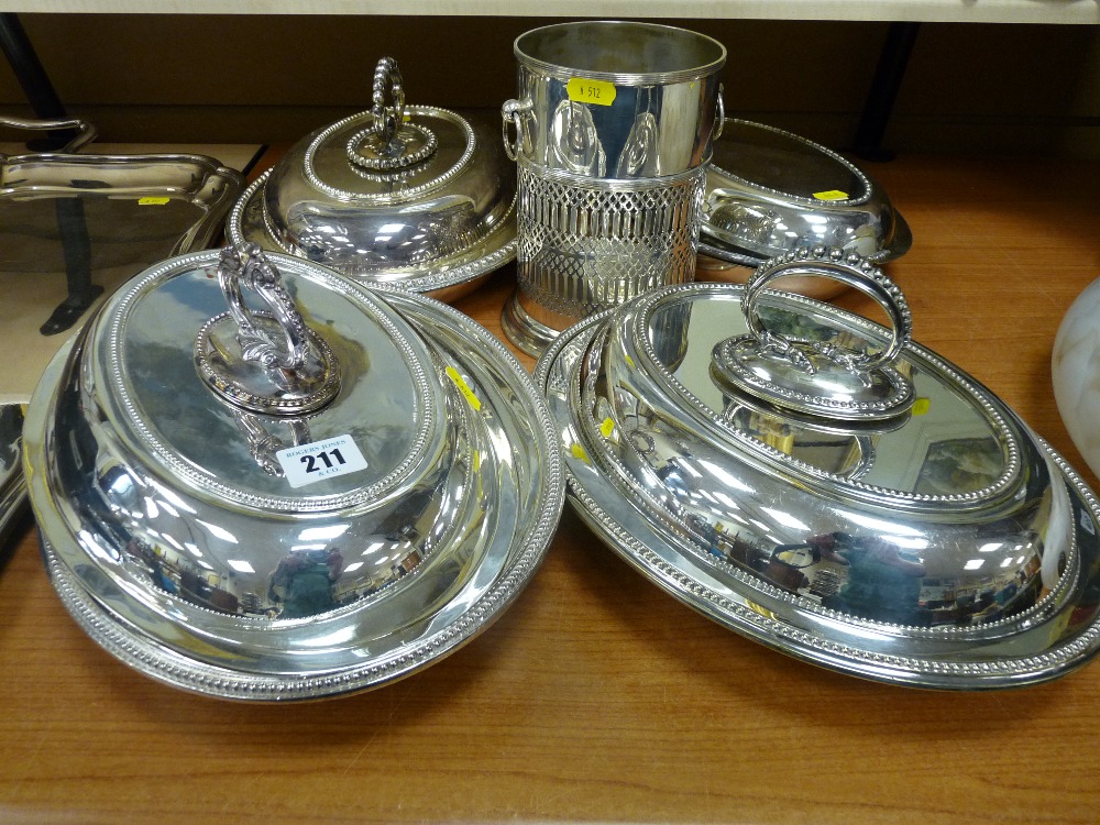 Three good quality oval lidded EPNS entree dishes, all with beadwork decoration, a fourth small dish