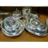 Three good quality oval lidded EPNS entree dishes, all with beadwork decoration, a fourth small dish