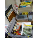 Box of Hornby, Airfix and Fleischmann 00 gauge track and models, some constructed, some in boxes,