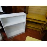 Light wood office work station and a white melamine open bookcase