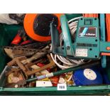 Crate of various garage tools, extension leads and a Black & Decker hedge trimmer E/T