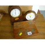 Edwardian inlaid mahogany mantel clock and one other and a modern hardwood and brass boxed card game