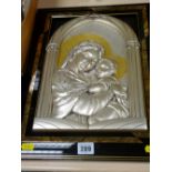 925 silver mother and child panel set in a domed arch and with a black and gilt frame