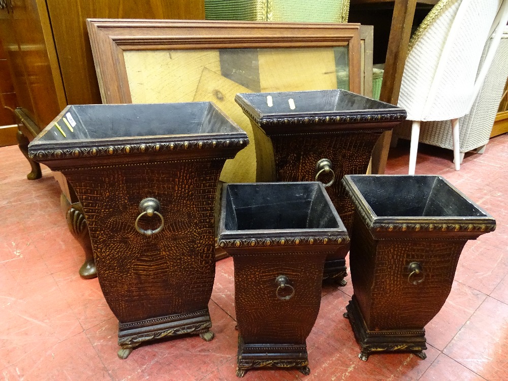 Four crocodile skin effect planters and two oak picture frames