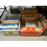 Crate of hobby books and a good quantity of various sheet music in five various wallet type bags and