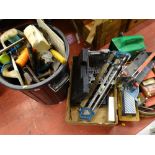 Black bin containing quantity of various garage items, tools etc and a box of similar items and