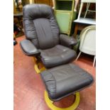Ultra modern brown leather effect swivel easy chair and matching footstool
